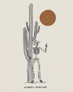 a skeleton standing next to a tall cactus with a sun in the sky above it