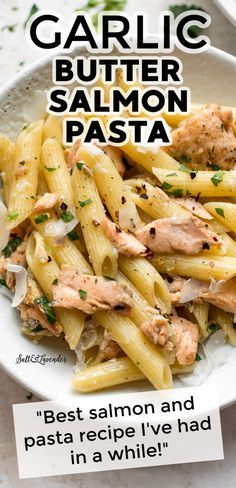 garlic butter salmon pasta in a white bowl