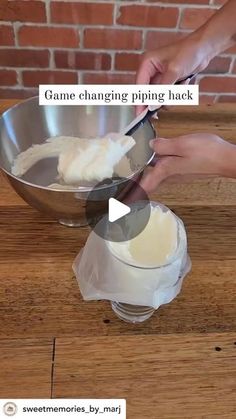 someone is using a mixing bowl to mix the ingredients for their pies and ice cream