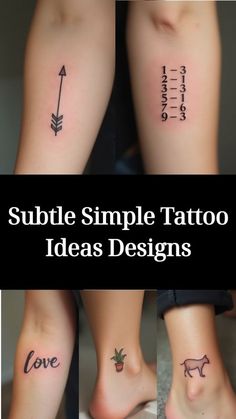 four different tattoo designs on the legs and ankles, with words written in black ink