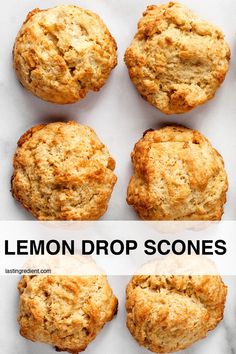 lemon drop scones on a marble countertop with the words lemon drop scones above them