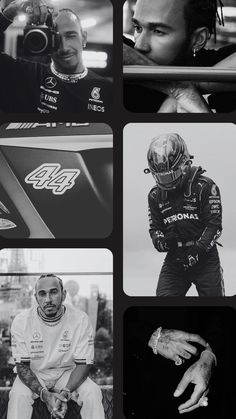 black and white photos of men in racing gear, with hands on the steering wheel