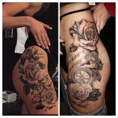 two pictures showing different tattoos on the thighs