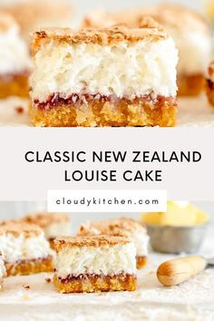 a close up of a cake with the words classic new zealand louise cake on it