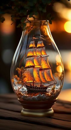 a glass vase with a ship in it sitting on a table next to a potted plant