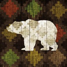 the bear is painted on wooden planks and it's colors are multicolored