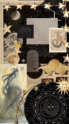 an altered collage with stars, moon and other things on it's side