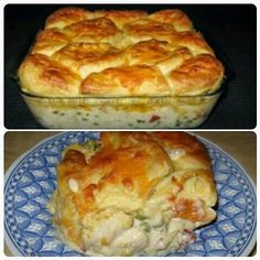 two pictures of different types of casserole on a blue and white platter