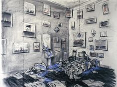 a drawing of a bedroom with pictures on the wall