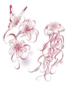 two drawings of flowers and a butterfly on a white background, each with pink ink