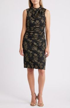 A bit of ruching eases the silhouette of a night-out dress swirled in gilded leaves. 40" length (size 8) Hidden back-zip closure Mock neck Sleeveless Lined 89% polyester, 8% metallic fibers, 3% spandex Dry clean Imported Printed Bodycon Dress, Night Out Dress, Leaf Print, Nordstrom Dresses, Leaf Prints, Vince Camuto, Mock Neck, Swirl, Night Out