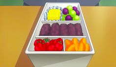 an open refrigerator filled with different types of fruits and veggies on top of a wooden table