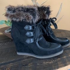 Size 7, Merona Jaden Faux Fur Black Wedge Booties Brand New Never Worn. Winter Synthetic Wedge Heel Boots, Synthetic Wedge Heel Boots For Winter, Synthetic Winter Wedge Heel Boots, Black Wedge Heel Winter Boots, Black Wedge Heel Boots For Winter, Black Wedge Booties, Black Wedge, Bootie Boots, Faux Fur