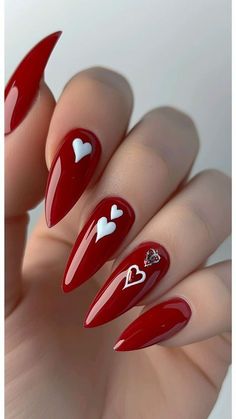 Pearl Nails, Cute Gel Nails, Red Nail, Oval Nails, Heart Nails, Nail Inspiration, Valentine's Day Nails, Valentines Nails, Stiletto Nails