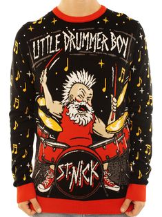 a man wearing a sweater with an image of a drummer on the front and side