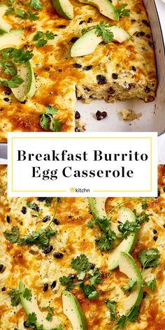 the breakfast burrito egg casserole has been cut into pieces and is ready to be eaten