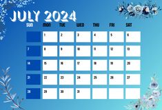 Decorative Floral July 2024 Calendar Calendar Download, Bastille Day, Calendar Wallpaper, 2024 Calendar