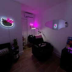 a living room filled with furniture and neon lights