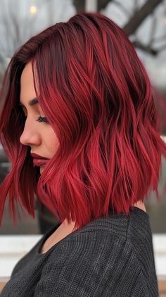 36 Hottest Deep Cherry Red Hair Style Ideas From Subtle To Bold Red Shoulder Length Hair, Shoulder Length Red Hair, Red Long Bob, Beautiful Red Hair Color, Long Layered Bob Hairstyles