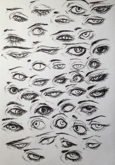 an image of many different eyes drawn in black ink on white paper with the words, eye