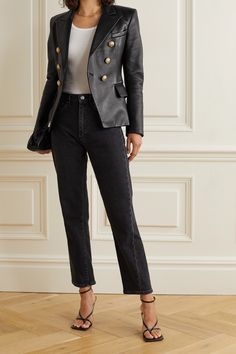 Black Double-breasted leather blazer | Balmain | NET-A-PORTER Leather Blazer Outfit, Cropped Jeans Outfit, Trendy Leather Jacket, Bottega Veneta Sandals, Balmain Clothing, Balmain Blazer, Bottega Veneta Clutch, Blazer Outfit