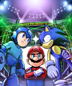 sonic the hedgehog, mario kart and luigi in front of a stage with lights