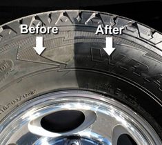 an image of the tire treads before and after it is painted silver with white lettering