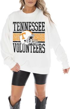 " Design Long sleeve, crew-neck sweatshirt Oversized sleeves Feminine fit Style and Team Spirit Screen-printed team graphics Additional Details Machine washable Officially licensed product " Teacher Door Signs, Teacher Door, Gameday Couture, Oversized Sleeves, Sweatshirt Oversized, Oversize Sleeves, College Shirts, Tennessee Volunteers, Crew Sweatshirts