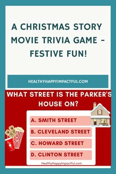 A Christmas Story movie trivia game with multiple-choice question about the street name of Parker's house. Christmas Story Trivia With Answers, A Christmas Story Quotes, Ralphie Christmas Story, Christmas Trivia Questions And Answers, Holiday Movie Quotes, Christmas Story Quotes, A Christmas Story Movie, Movie Trivia Games, Christmas Trivia Questions