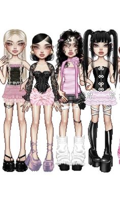 four dolls are standing next to each other in different dresses and boots, one is wearing high heeled shoes