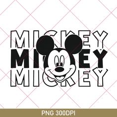 mickey mouse face with the word mickey in black and white on a diamond grid background