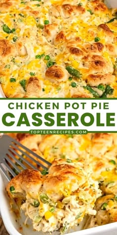 chicken pot pie casserole in a white dish with a fork