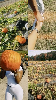 a woman is holding a pumpkin over her head in the middle of an open field