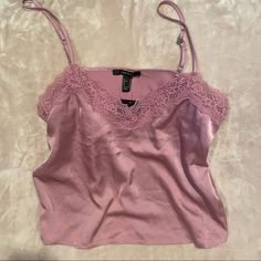 Purple Silky Tank Top With Lace Trim New With Tags Forever 21 Camisole Top For Night Out, Trendy Fitted Forever 21 Camisole, Top With Lace Trim, Beach Inspo, Tank Top With Lace, Purple Lace, Purple Top, Lace Tank Top, Lace Tank