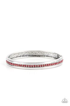 A fiery row of red rhinestones is encrusted along the center of a curving silver bar that hinges to a polished silver bar, creating a versatile bangle-like bracelet around the wrist. Sold as one individual bracelet. Urban Reign, Elegant Country, Mobile Boutique, Red Bracelets, Red Jewelry, Silver Bar, Paparazzi Accessories, Red Rhinestone, Silver Bars