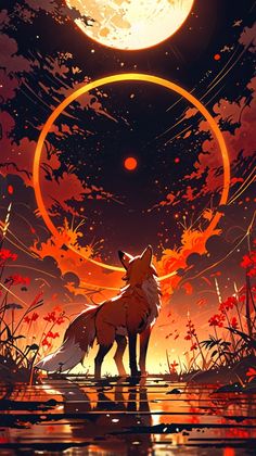 a wolf standing in the middle of a forest under a full moon with red flowers