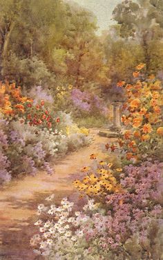 an oil painting of flowers and trees in a garden with a path leading through them