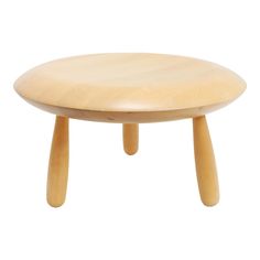 a small wooden stool with two legs and a round seat on the bottom, in front of a white background