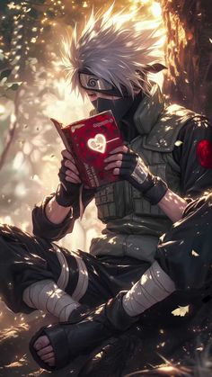 an anime character sitting on the ground holding a book in his hands and looking at it