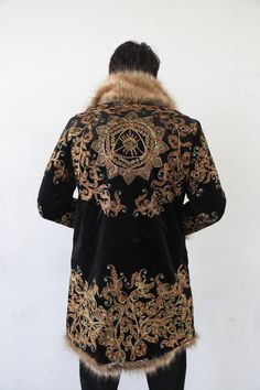 The EYE Embroidery Ethnic Unique Festival Fake Faux Fur Coat | Etsy Winter Outerwear With Gold Embroidery And Long Sleeves, Ceremonial Winter Outerwear With Intricate Embroidery, Ceremonial Winter Outerwear With Stand Collar, Ceremonial Stand Collar Outerwear For Winter, Fitted Winter Outerwear With Gold Embroidery, Luxury Long Sleeve Outerwear With Gold Embroidery, Luxury Fitted Outerwear With Gold Embroidery, Ceremonial Winter Outerwear With Gold Embroidery, Ceremonial Long Sleeve Outerwear For Fall