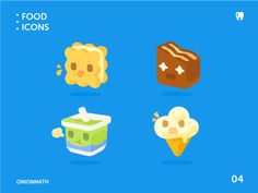 some food icons are shown on a blue background with the words'food icons'above them