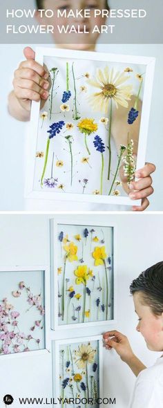 two pictures with flowers in them and the words how to make pressed flower wall art