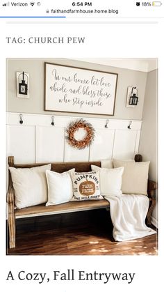 a cozy fall entryway is featured in this post for the blog, fab church pew