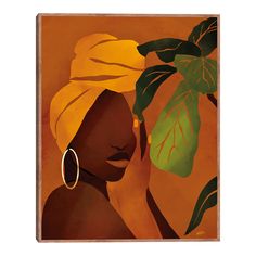 a painting of a woman wearing a turban and hoop earrings, with leaves in the background