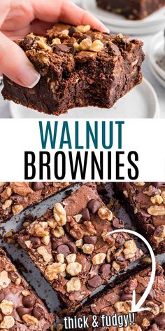 chocolate walnut brownies stacked on top of each other with text overlay that reads,