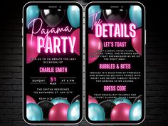 two cell phones with balloons on them and the words party written in pink, blue and black