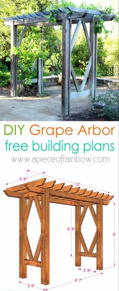 an image of a wooden arbor with the text diy grape arbor free building plans