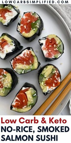 low carb and keto no - rice smoked salmon sushi on a white plate with chopsticks