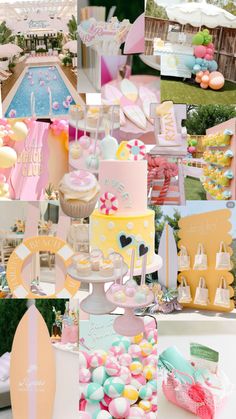 this is a collage of photos with cakes and other things in it that are pastel colors