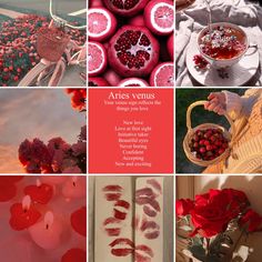 a collage of photos with flowers, lipstick and other things in them that are red